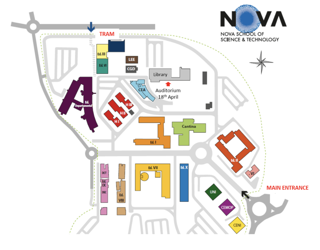 Map of NOVA School of Science and Technology campus, the Workshop event will take place at the Auditorium of the Library Building
